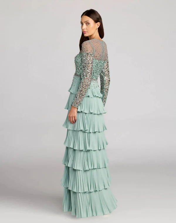 Mint Green Illusion Neck Long Sleeve Beaded Tiered Pleated Floor Length Formal Evening Prom Dress