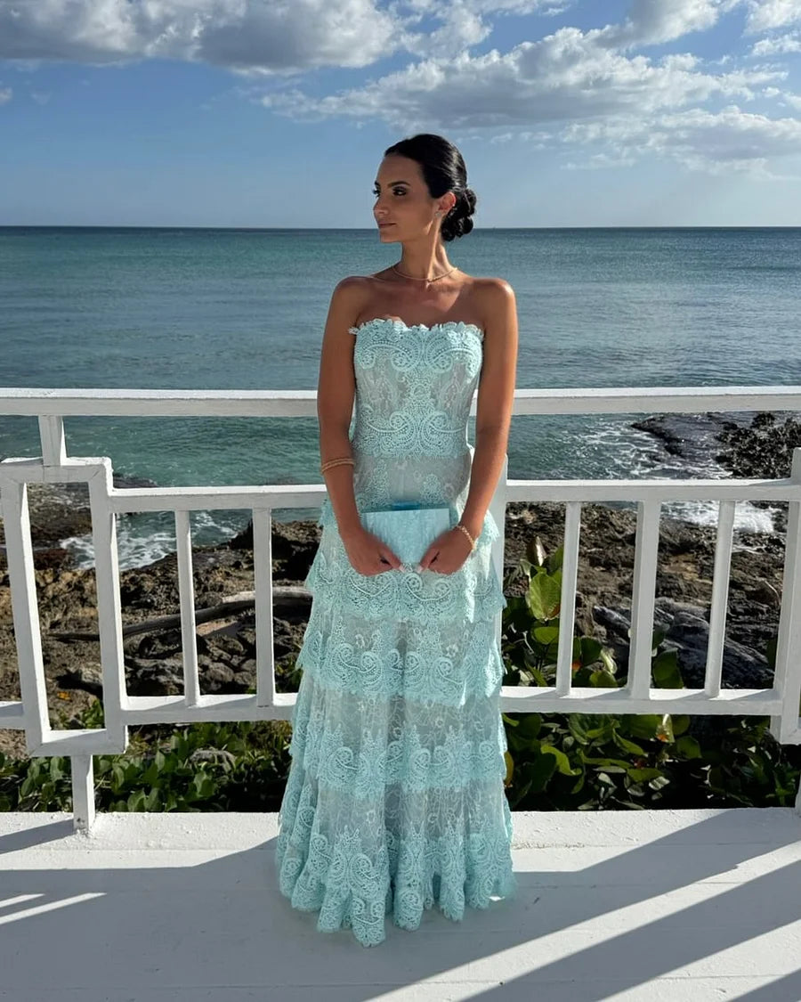 Mint Lace Maxi Dresses with Strapless Neckline Tiered Ruffle Hem for Beach Vacation and Garden Wedding