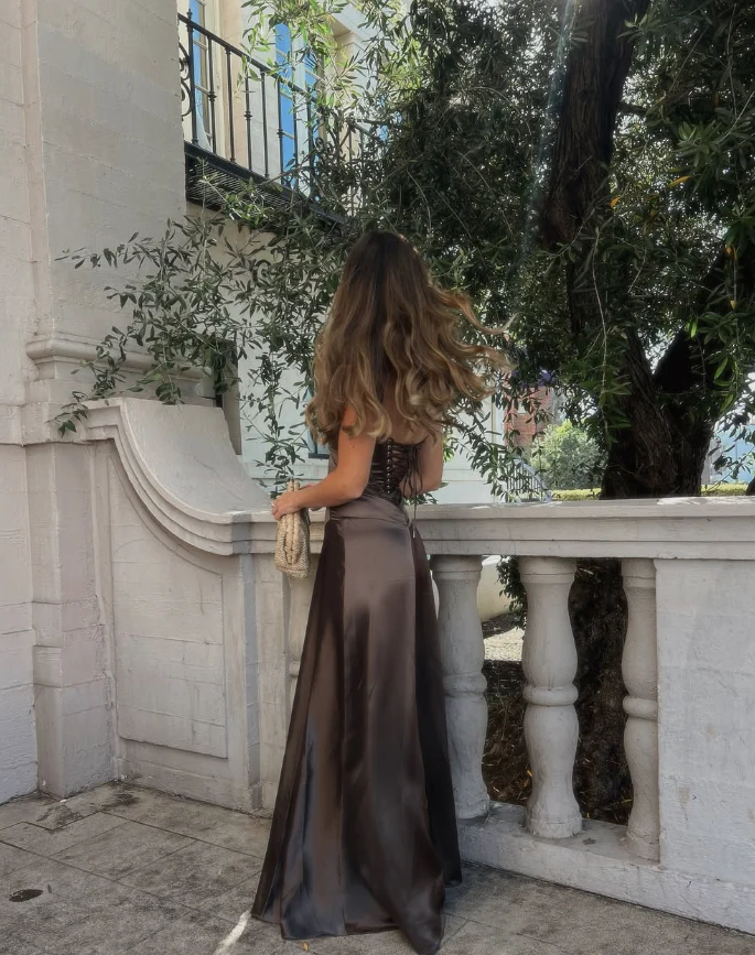 Mocha Satin Corset Lace-Up Back Maxi Prom Dress