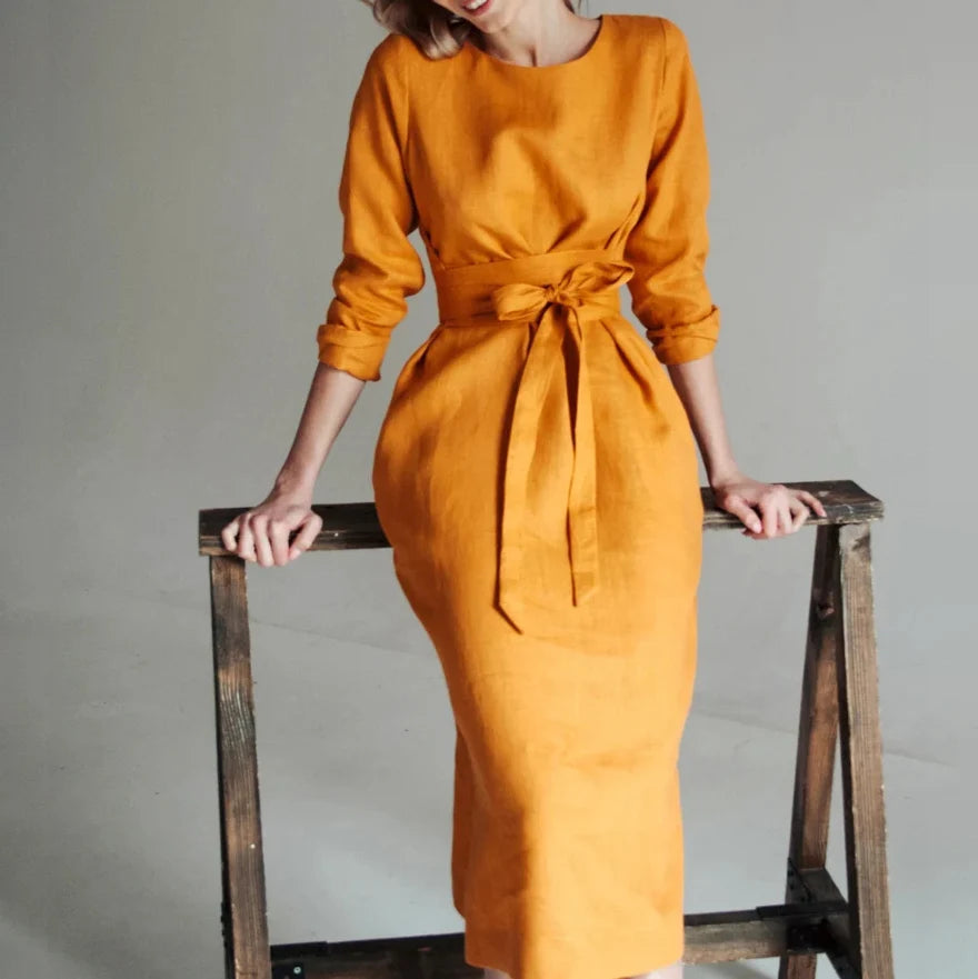 Mustard Linen Midi Evening Dress Round Neck 3/4 Sleeve Belted Side Slit Evening Gown