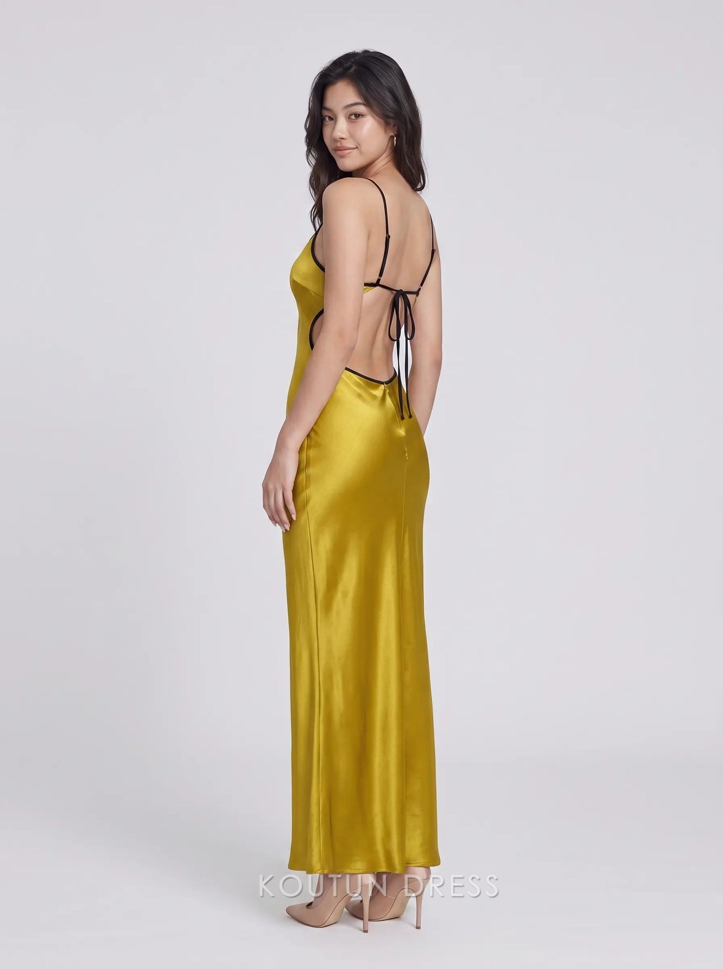Mustard Yellow Spaghetti Strap V Neck Keyhole Backless Cutout Satin Midi Formal Evening Prom Dress