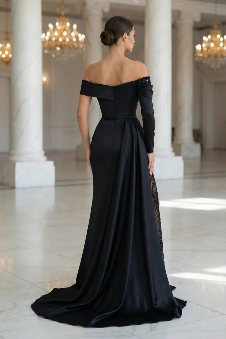 Navy Blue Off Shoulder Beaded Illusion Slit Satin Mermaid Prom Dresses
