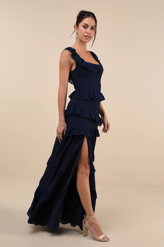 Navy Blue Ruffled Square Neck Tiered Slit Maxi Prom Dress