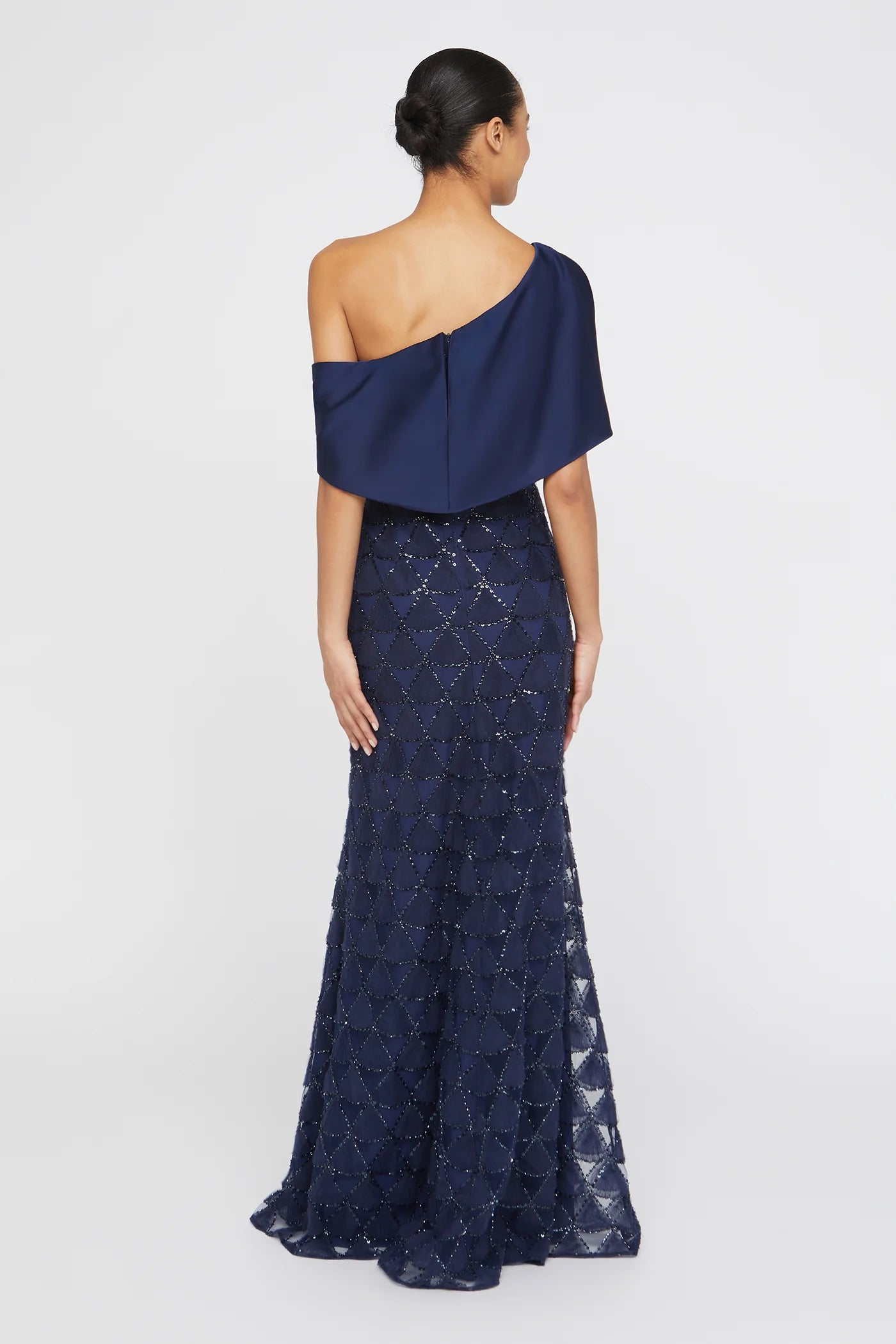 Navy Blue Satin Tulle Mermaid One Shoulder Asymmetric Cape Sleeve Beaded Geometric Floor Length Formal Evening Prom Dress