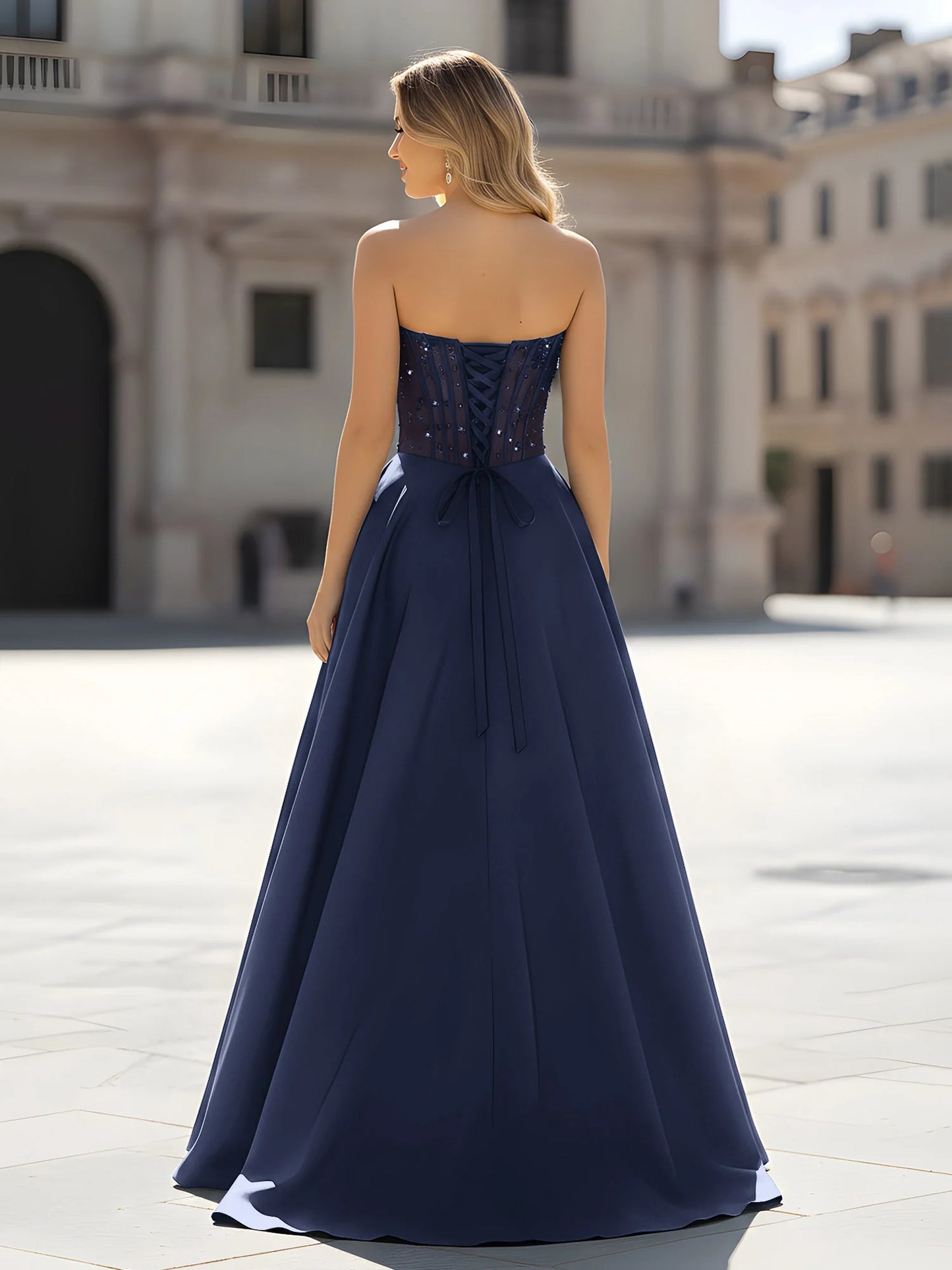 Navy Satin Maxi Prom Dresses with Strapless Sequin Corset Bodice Lace-Up Back High Slit for Prom and Red Carpet