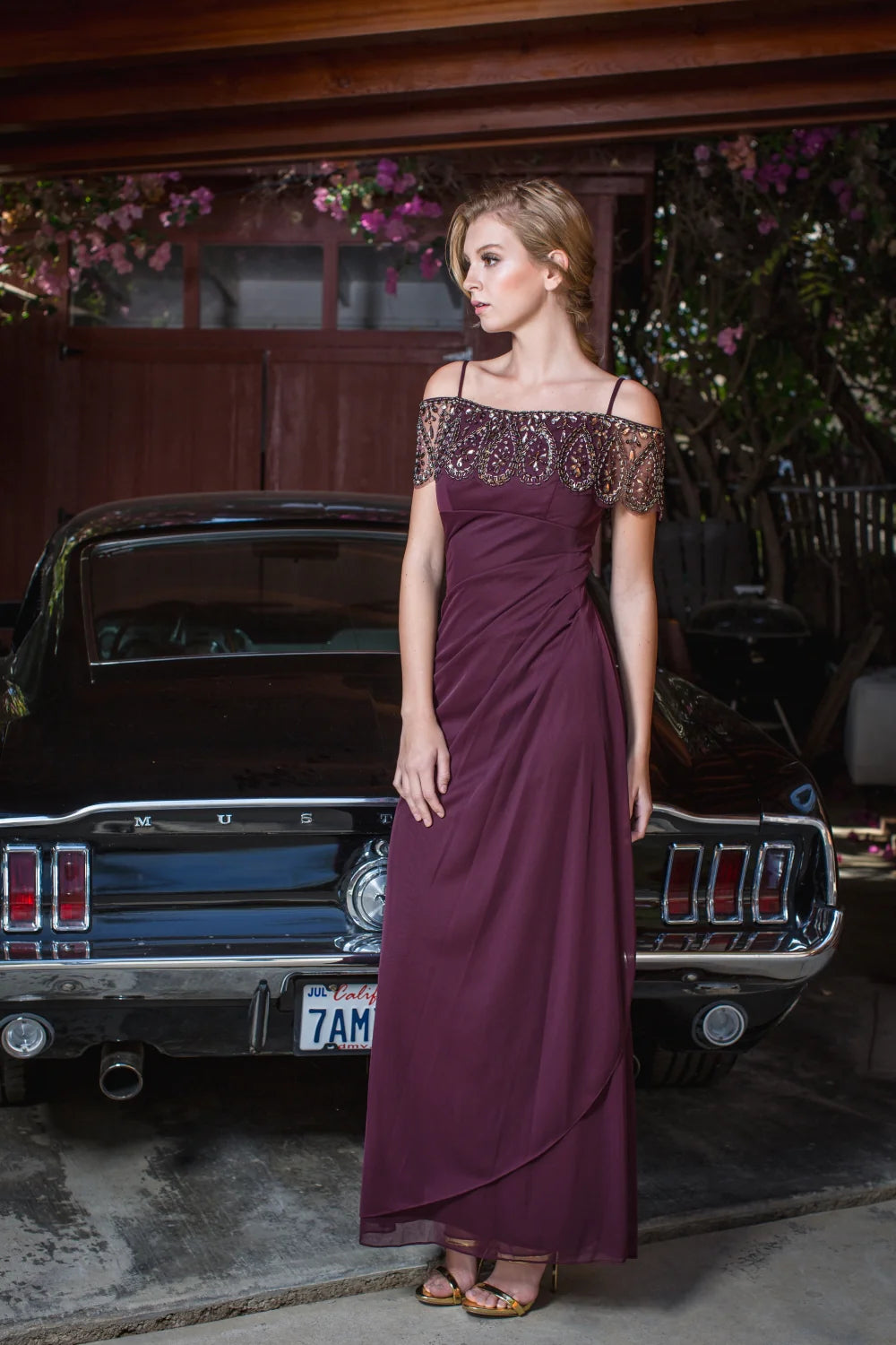 Off-Shoulder Beaded Bodice Ruched Chiffon Maxi Evening Dress