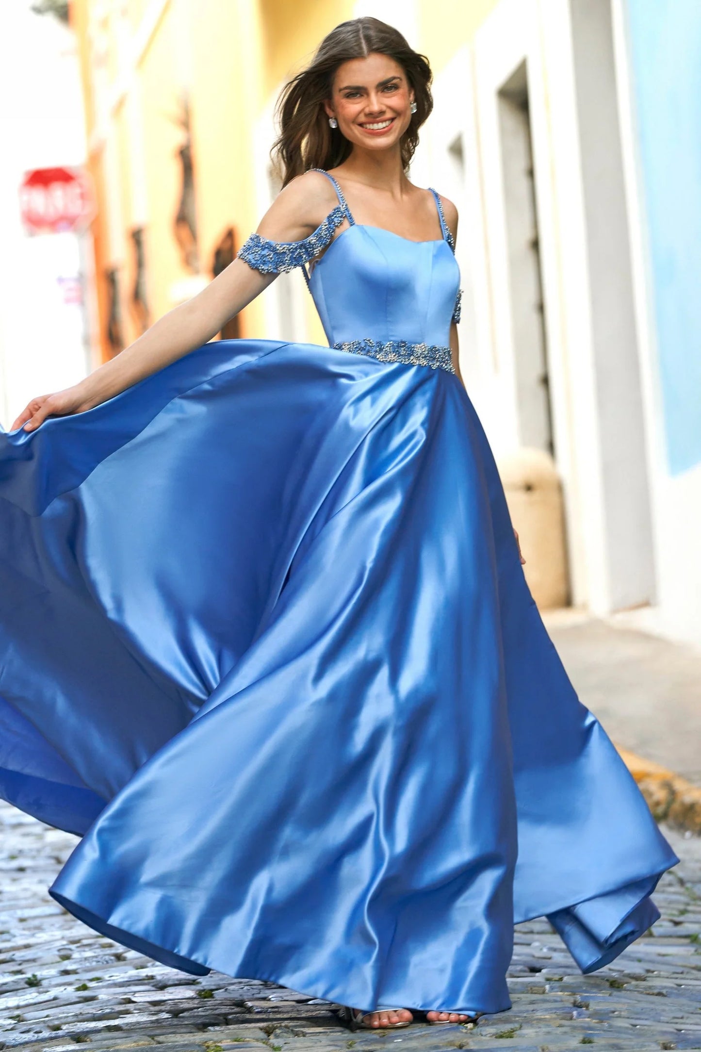 Off-Shoulder Spaghetti Strap Crystal Beaded Ball Gown Sky Blue Satin Prom Dresses