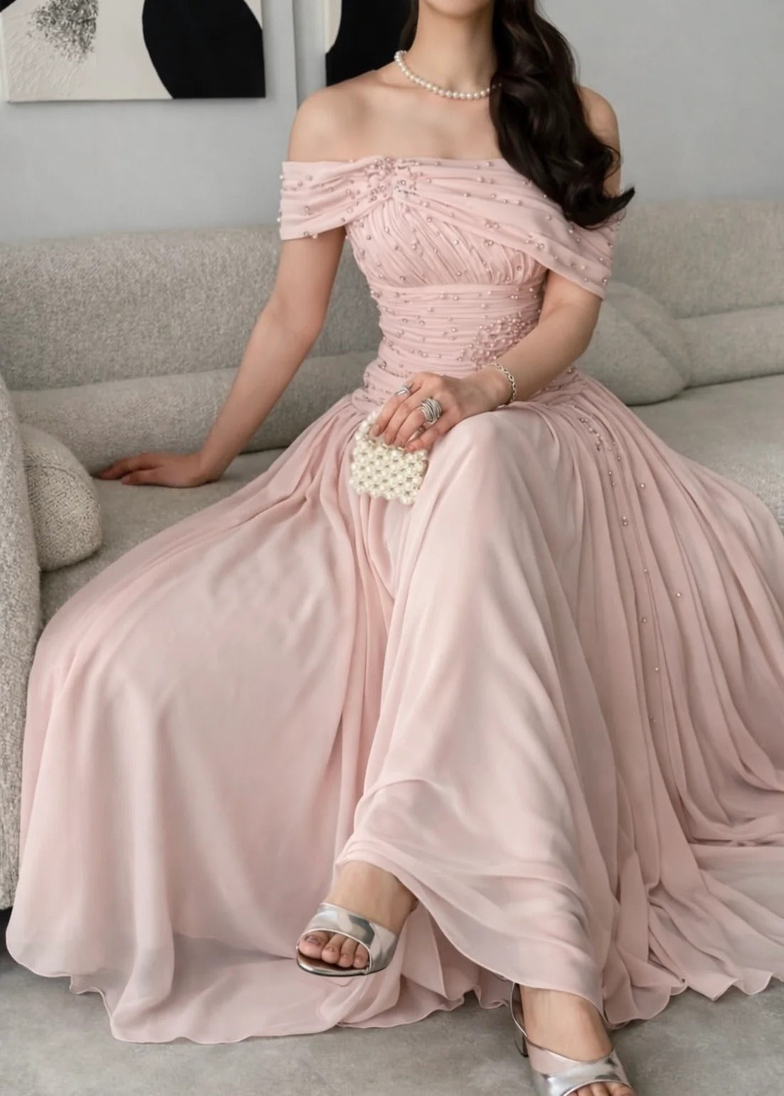 Off-The-Shoulder Beaded Ruched Chiffon Maxi Prom Dresses (Blush Pink)