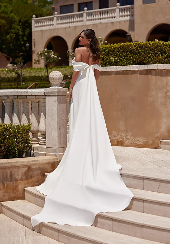 Off Shoulder Draped Satin Ruched High Slit Wedding Dress