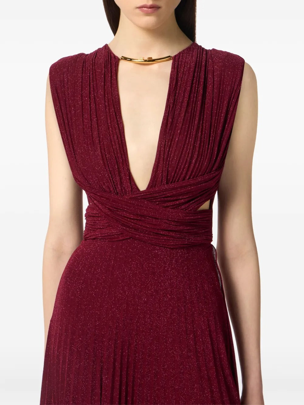 Opulent Burgundy Lurex Twist-Front Cutout Evening Dress