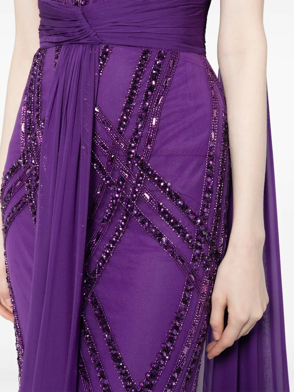 Opulent Purple Sequin Embellished Chiffon Cape Evening Dress