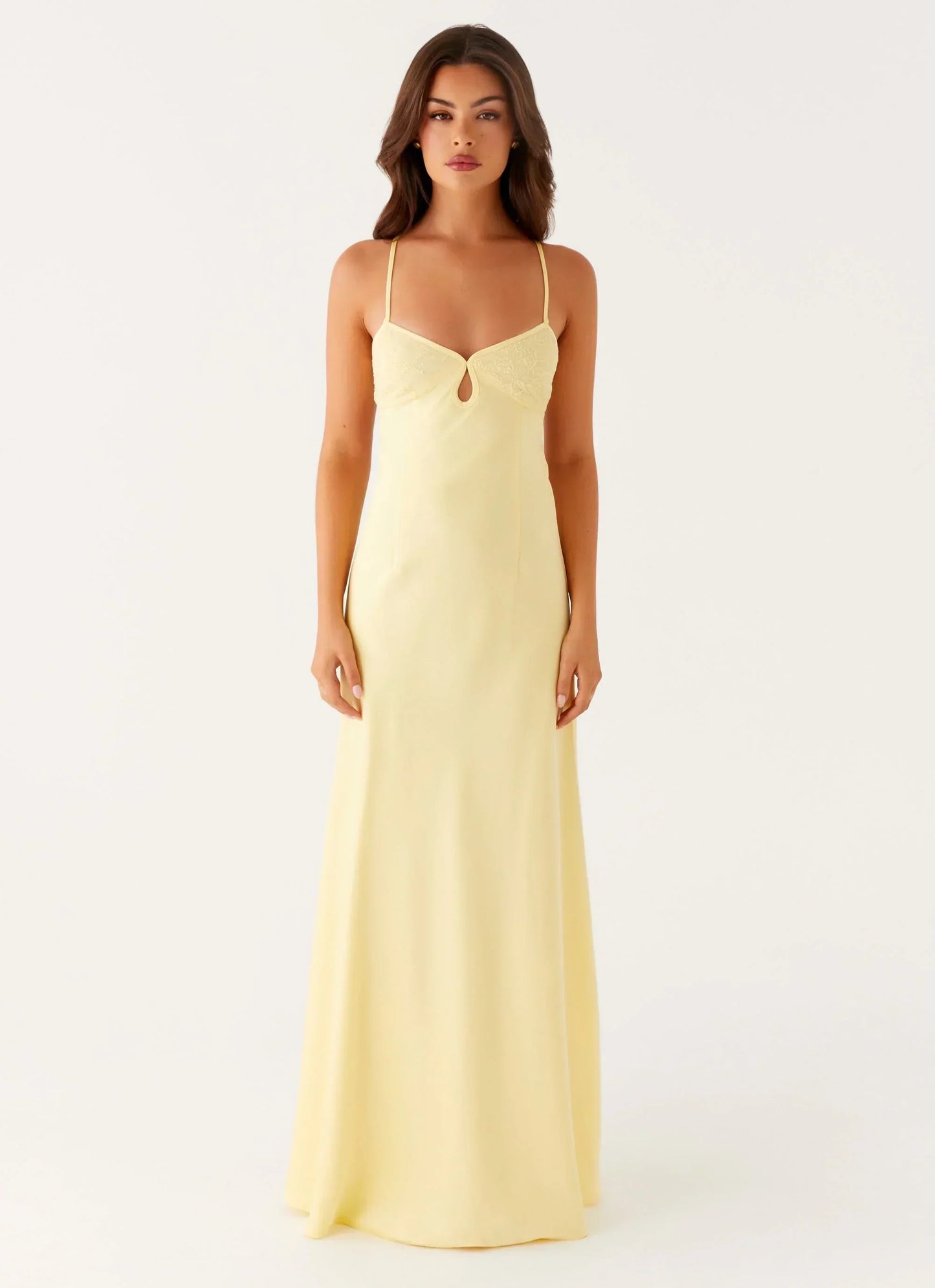 Pale Yellow Spaghetti Strap Lace Bust Open Back Maxi Formal Evening Prom Dress