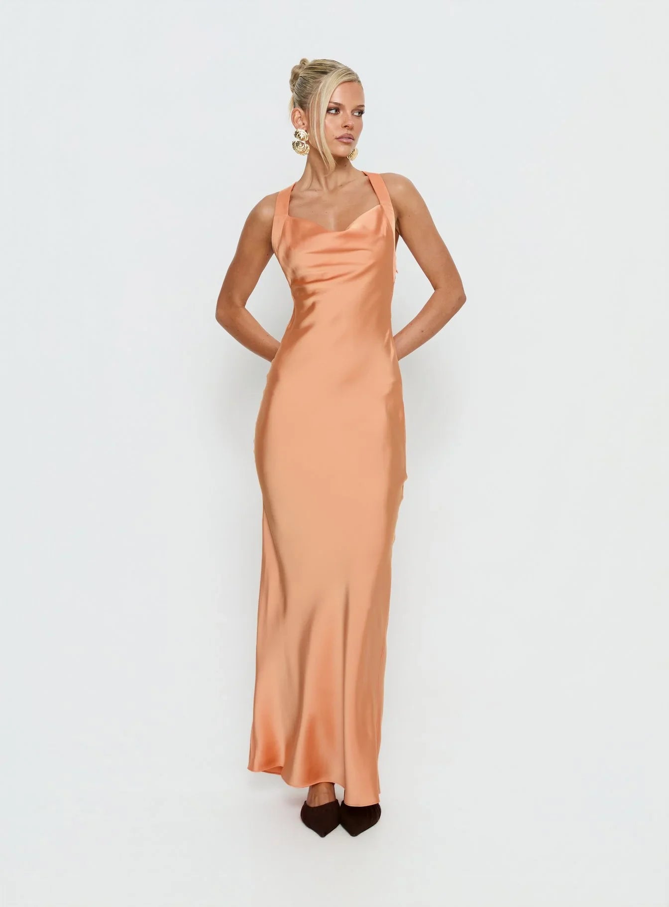 Peach Satin Prom Dress with Cowl Neck and Knot Back Detail for Formal Events and Prom Nights
