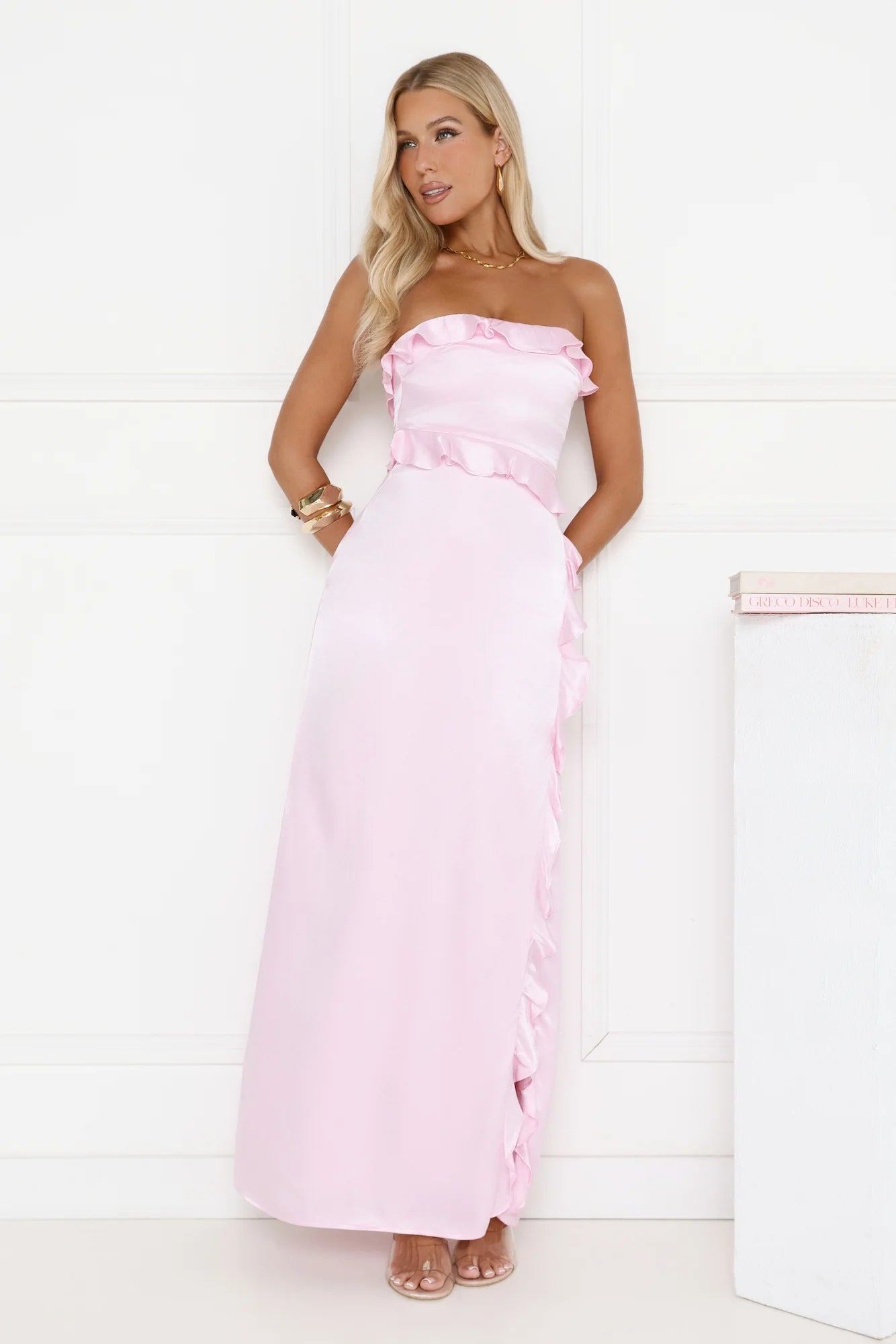 Pink Maxi Evening Dresses with Strapless Ruffle Trim High Side Slit Fitted Satin Fabric