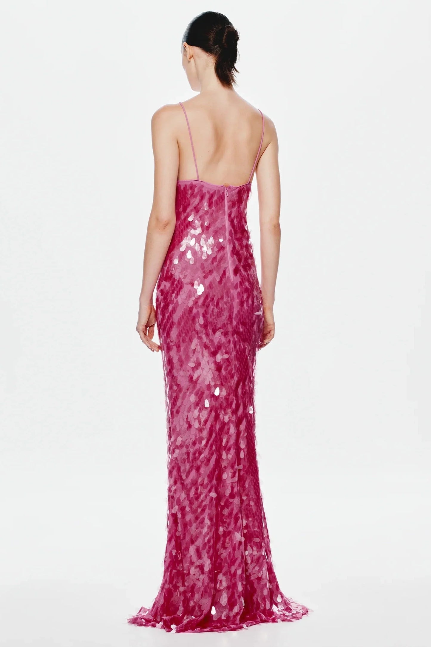 Pink Sequin Spaghetti Strap V Neck Keyhole Mermaid Floor Length Prom Dress