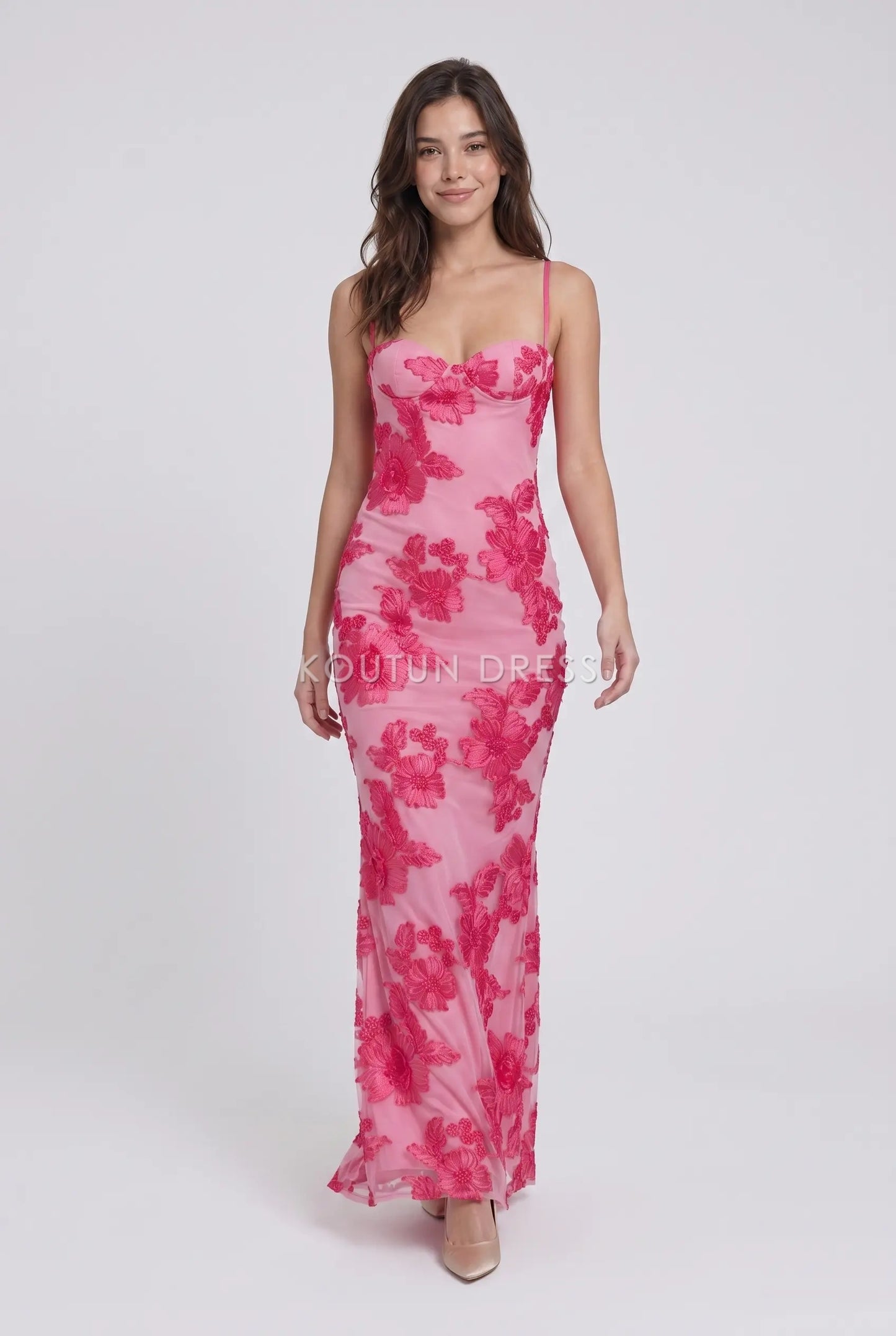Pink Spaghetti Strap Floral Lace Sweetheart Mermaid Formal Evening Prom Dress