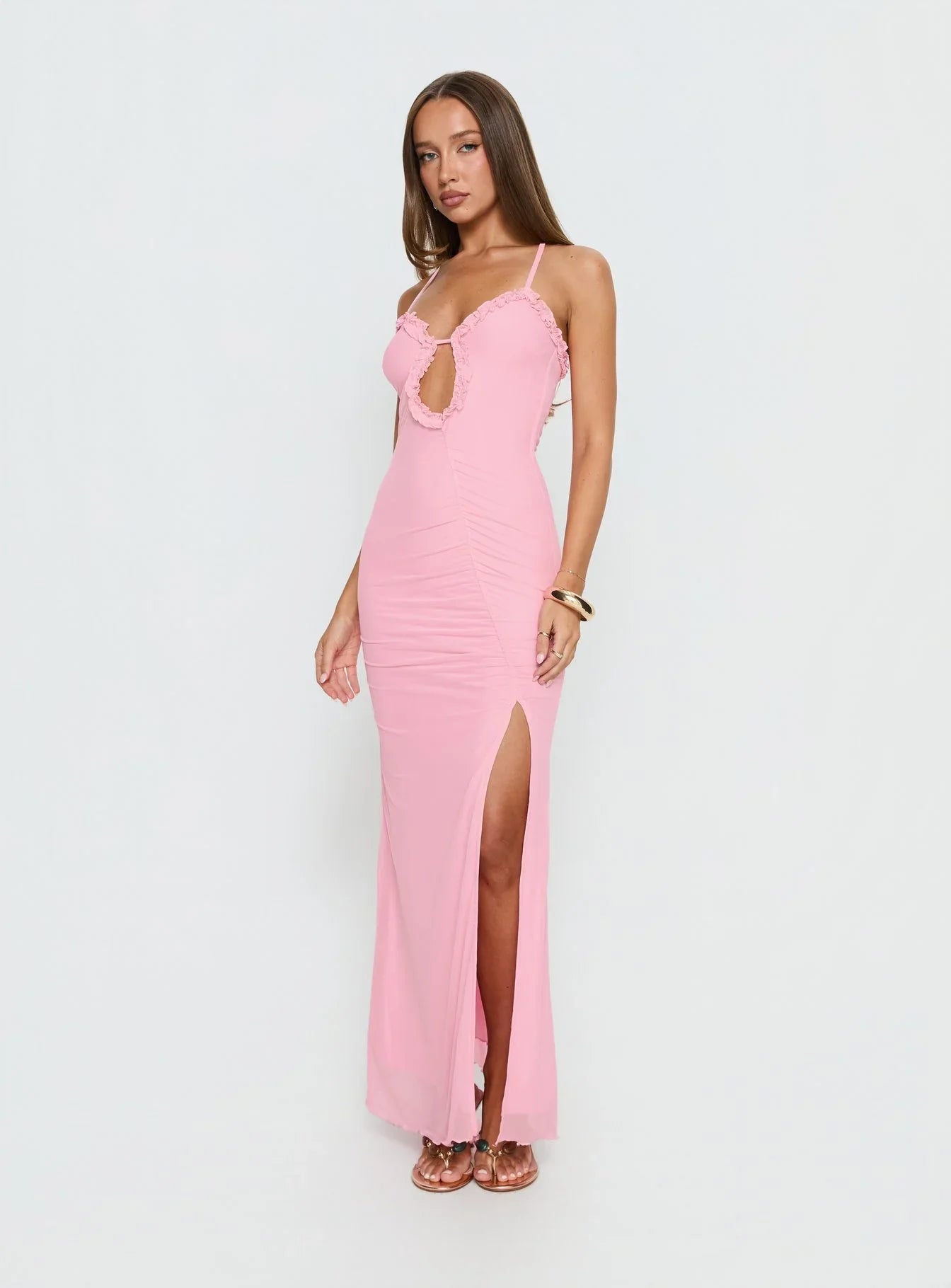 Pink Spaghetti Strap Prom Dress with Ruffled Bust Keyhole Cutout and Cross Back for Formal Events and Prom Nights