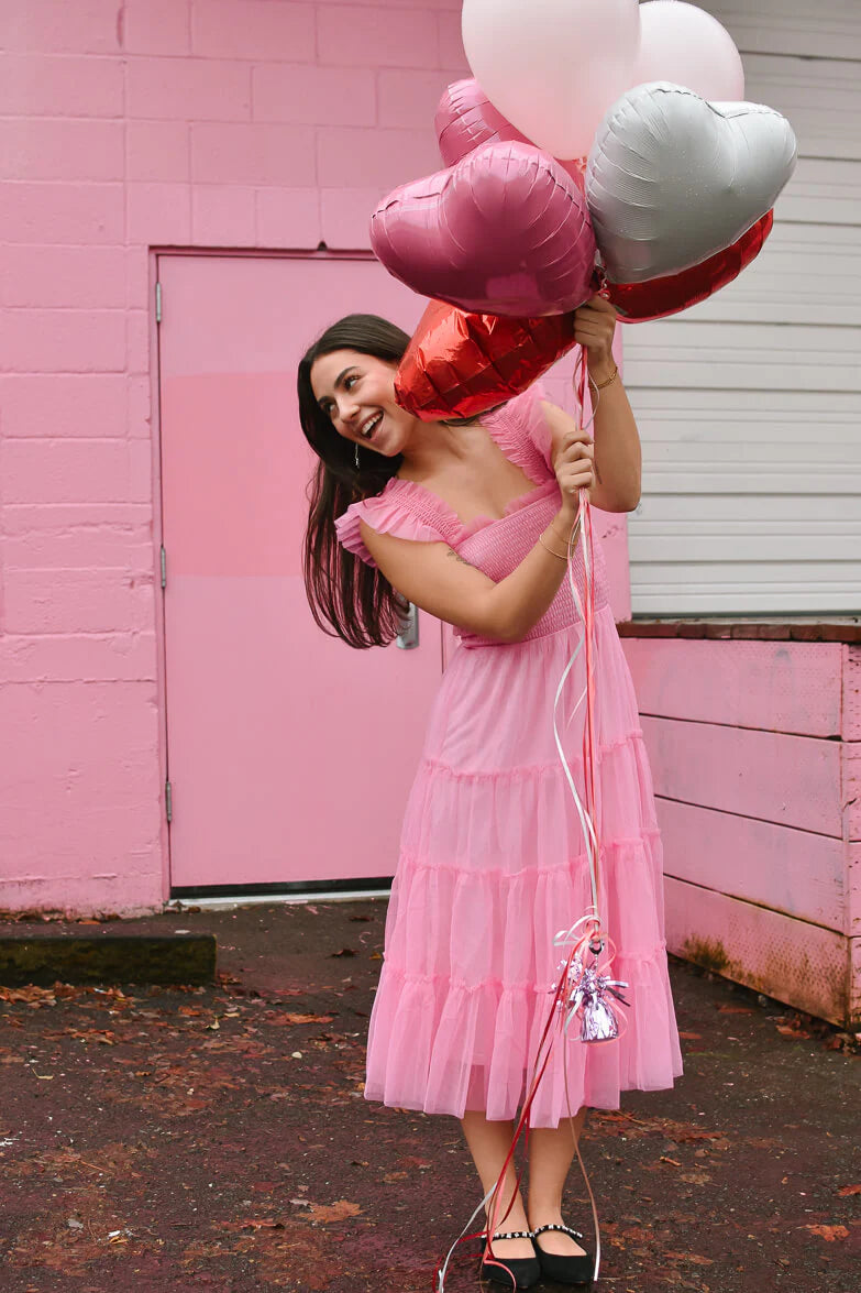 Pink Square Neck Ruffled Straps Tiered Tulle A Line Midi Prom Dress