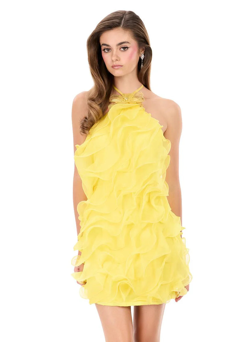 Playful Chic A-Line Halter Sleeveless Ruffled Yellow Short Homecoming Dress