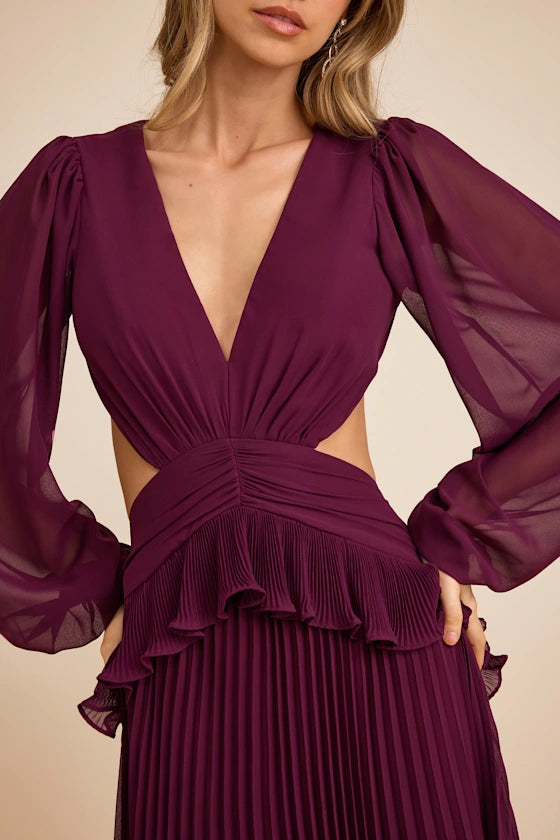 Plum Long Sleeve Prom Dress With V Neck Open Back Cutout Waist And Pleated Chiffon A Line Formal Prom Dress