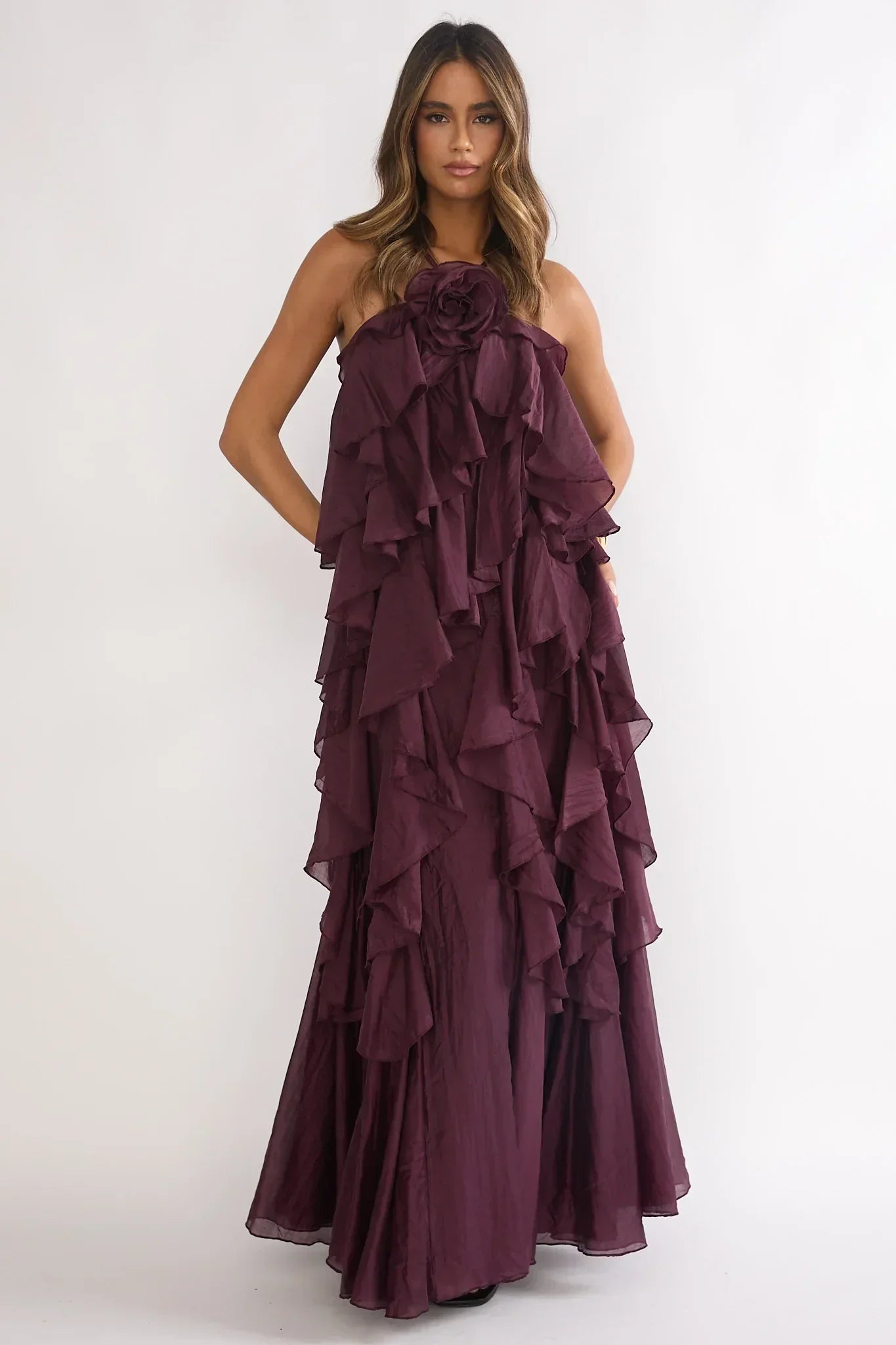 plum halter dress Purple Neck Tiered Ruffle 3D Rose Open Back Floor Length F – Koutun Plus Size Clothing, Fashion luma Not Fitted Color:Nude Tangerine