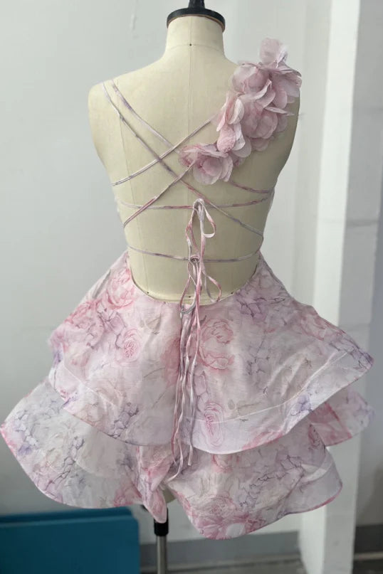 Plunge Neck Pink Floral Print Tiered Short Dress