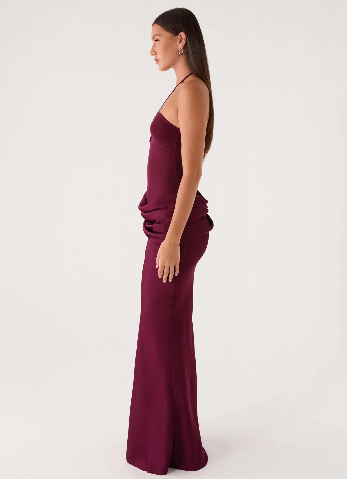 Prom Dress Burgundy Halter Neck Mermaid Maxi Dress With Keyhole Cutout Ruched Waist Open Back Formal Evening Party Gown