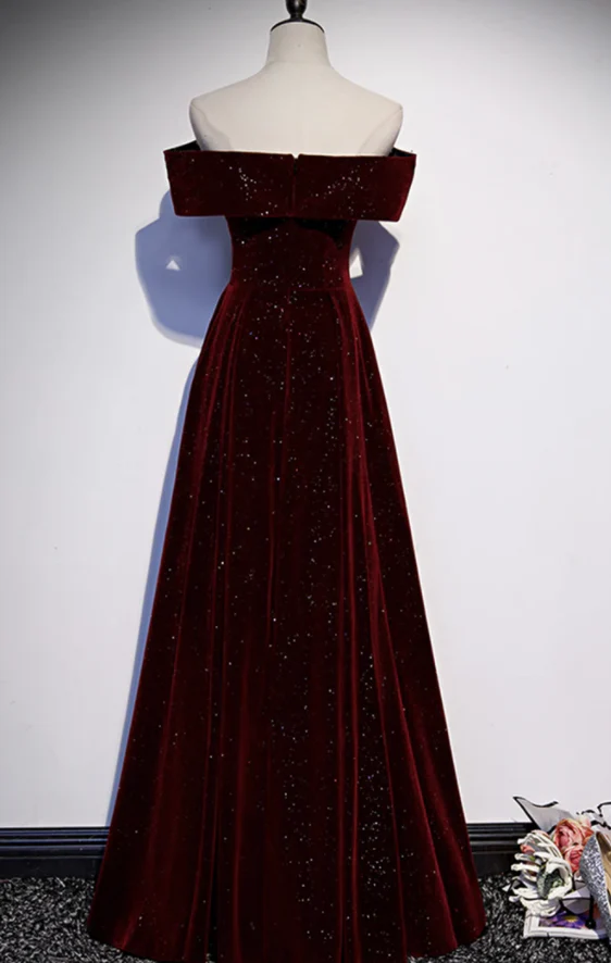 Prom Dress Burgundy Off Shoulder A Line Maxi Dress With Glitter Velvet Formal Evening Party Gown