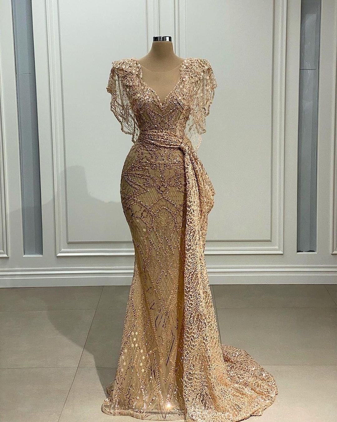 Prom Dress Champagne Beaded Mermaid Maxi Dress With Flutter Sleeves Sheer V Neck Formal Evening Party Gown