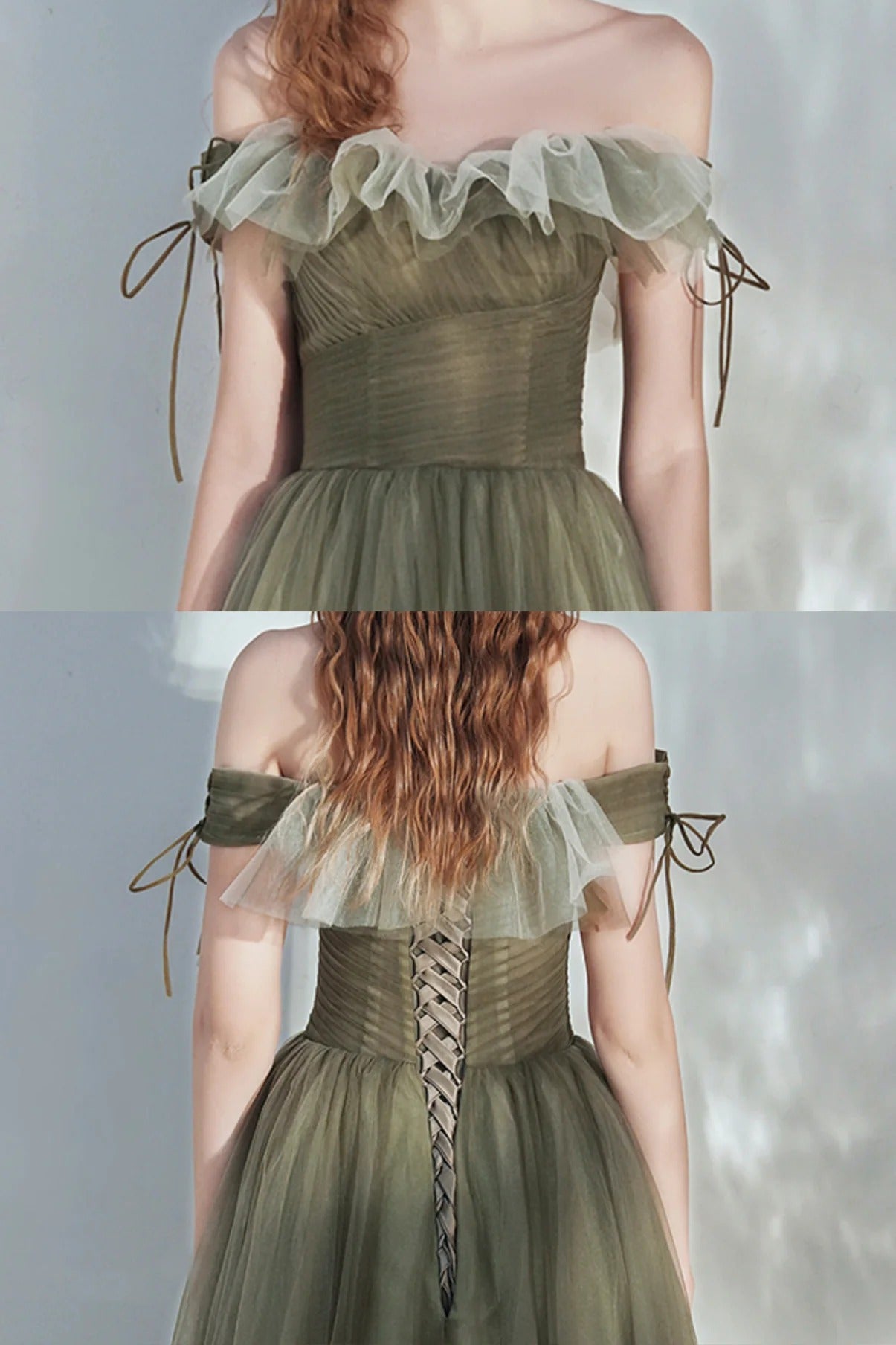Prom Dress Green Off Shoulder A Line Tulle Maxi Dress With Ruffled Neckline Formal Evening Party Gown