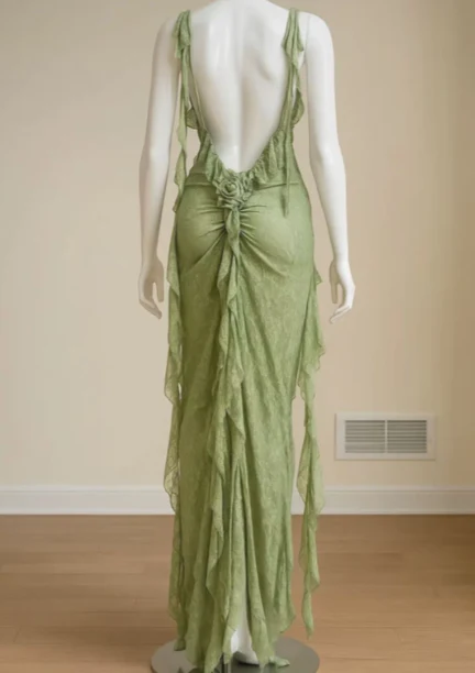 Prom Dress Green Spaghetti Strap Mermaid Maxi Dress With Cowl Neckline Asymmetrical Ruffle Backless Formal Evening Party Gown