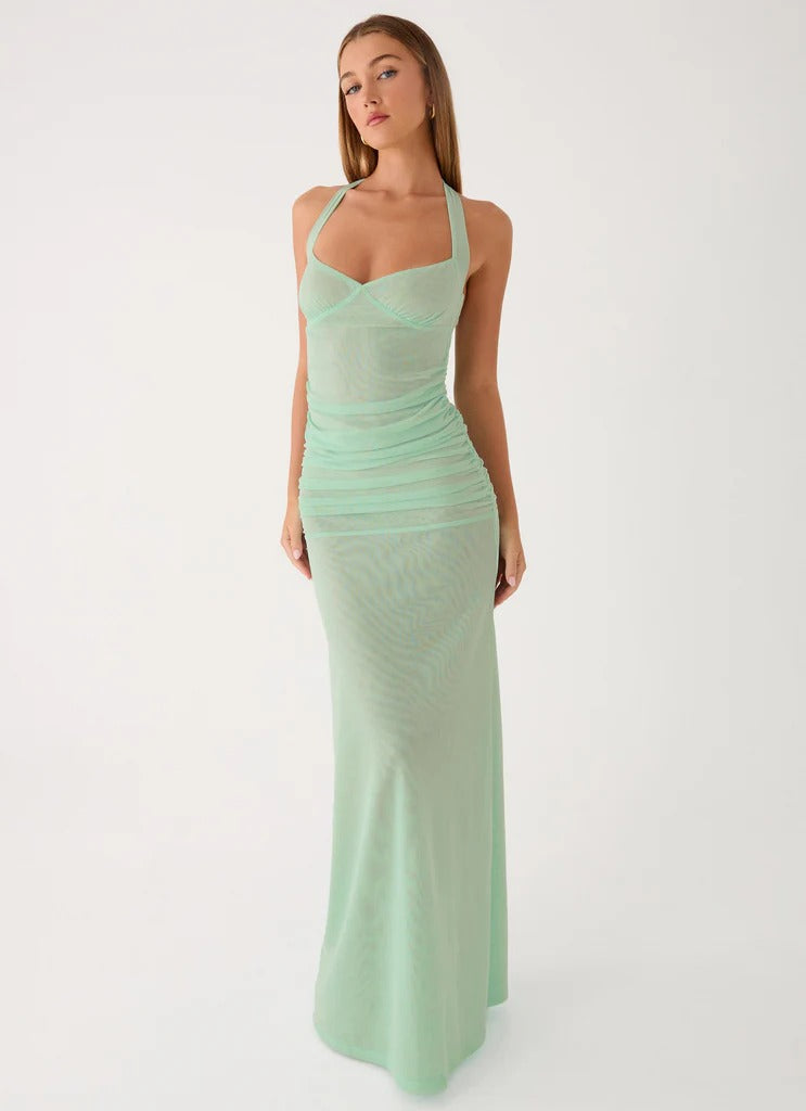 Prom Dress Mint Green Halter Neck Maxi Dress With Ruched Mesh Bodice Open Back Floor Length Formal Evening Party Gown