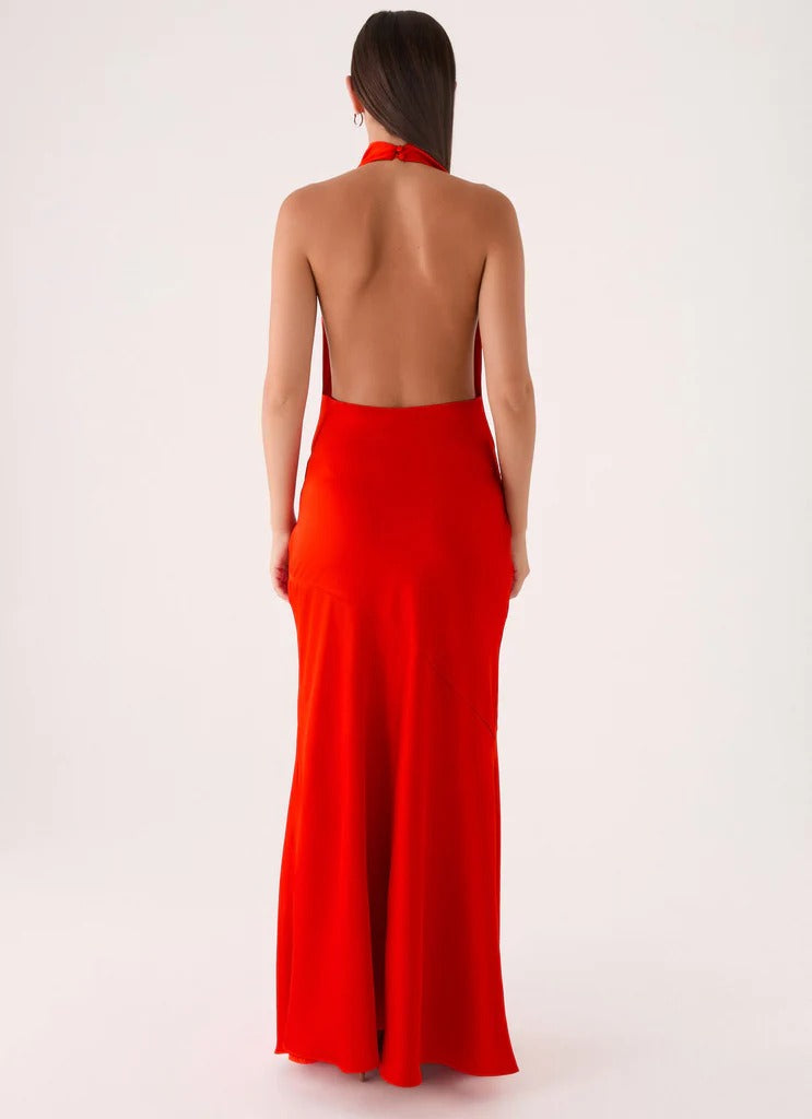Prom Dress Red Satin Halter Neck Maxi Dress With Open Back Waist Tie Detail Floor Length Formal Evening Party Gown