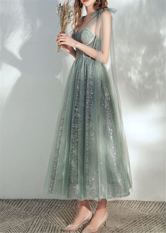 Prom Dress Sage Green Off Shoulder Tea Length Tulle Dress With Corset Bodice And Bow Shoulder Details Formal Evening Party Gown
