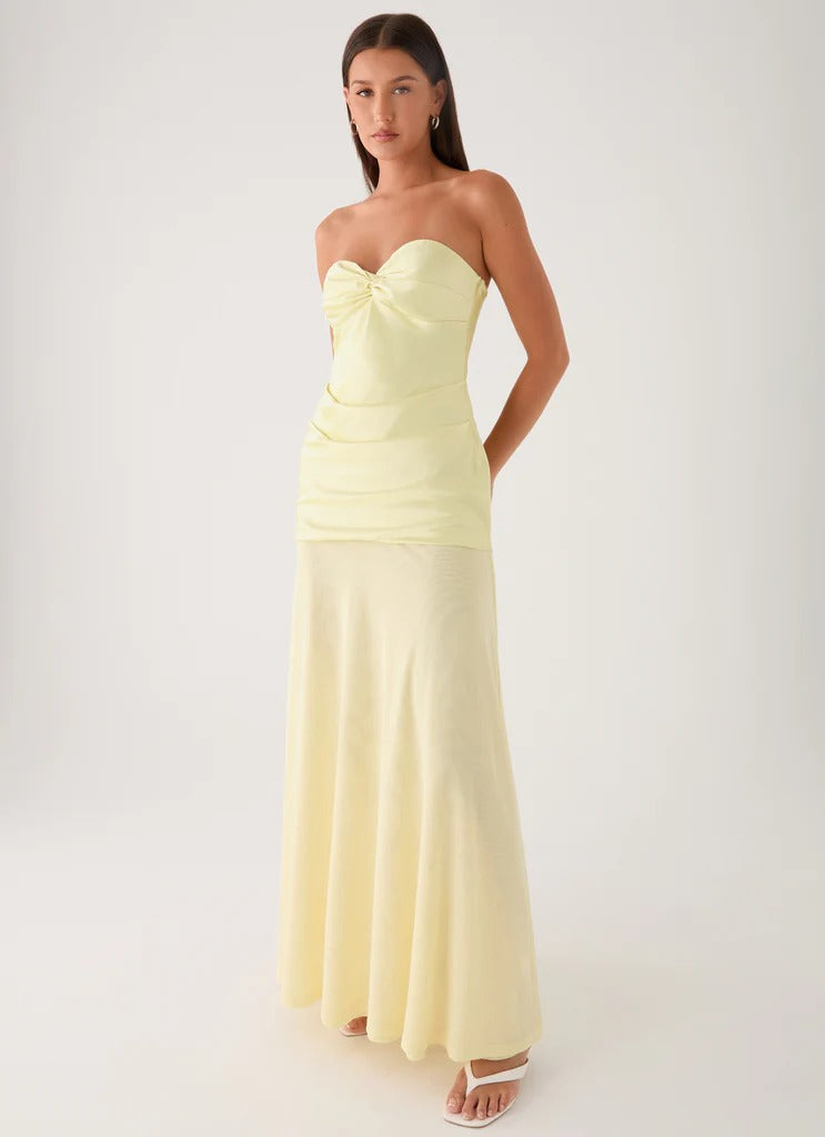 Prom Dress Yellow Strapless Maxi Dress With Knotted Sweetheart Neckline Ruched Waist Flowy Skirt Formal Evening Party Gown