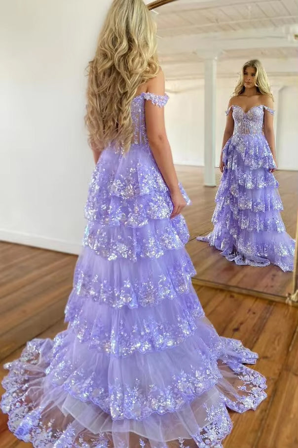 Prom Dresses Corsets Dress Formal Court Train Sleeveless Off Shoulder Tulle with Sequin Slit