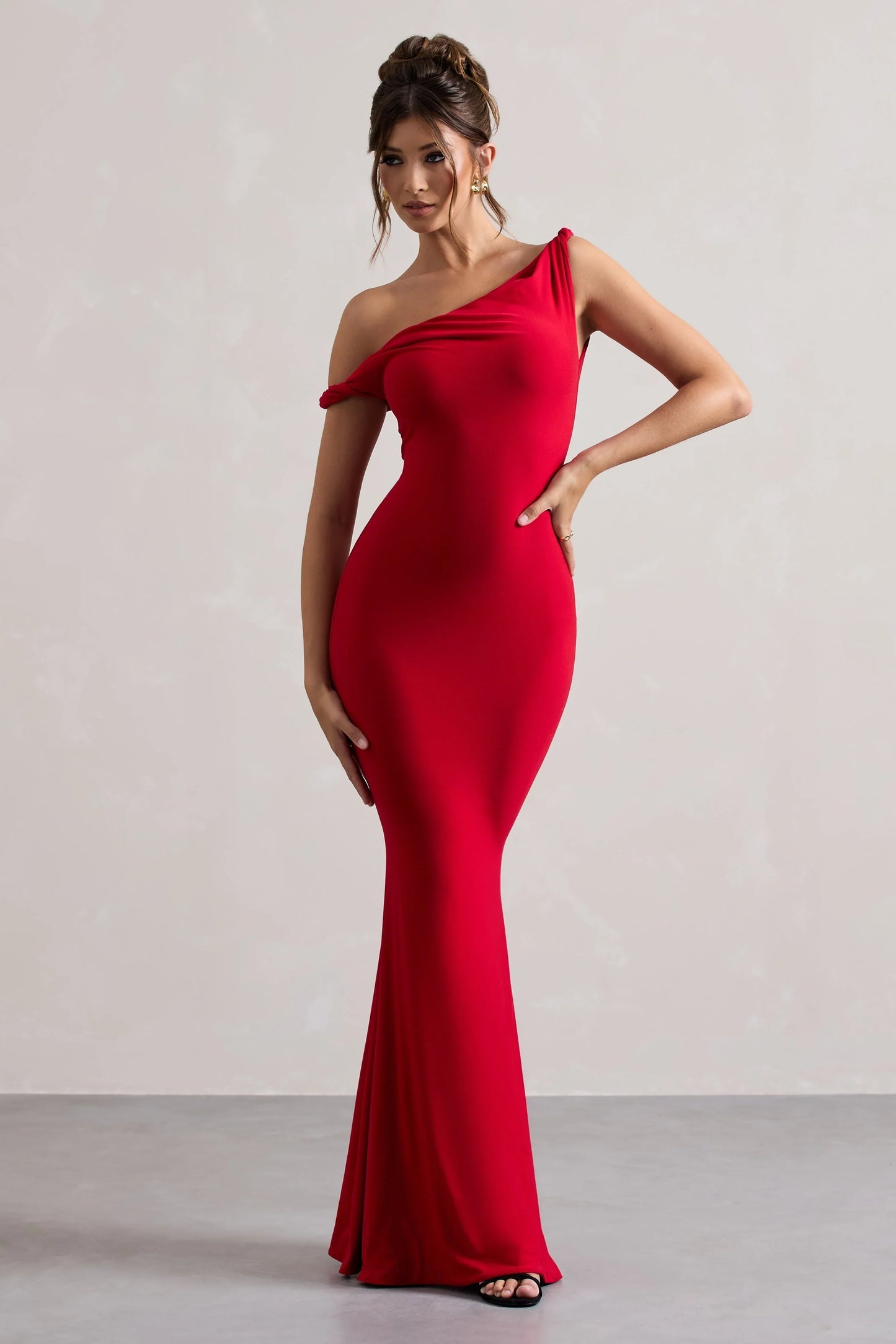 Red Asymmetric Off Shoulder Twist Detail Mermaid Floor Length Prom Dress