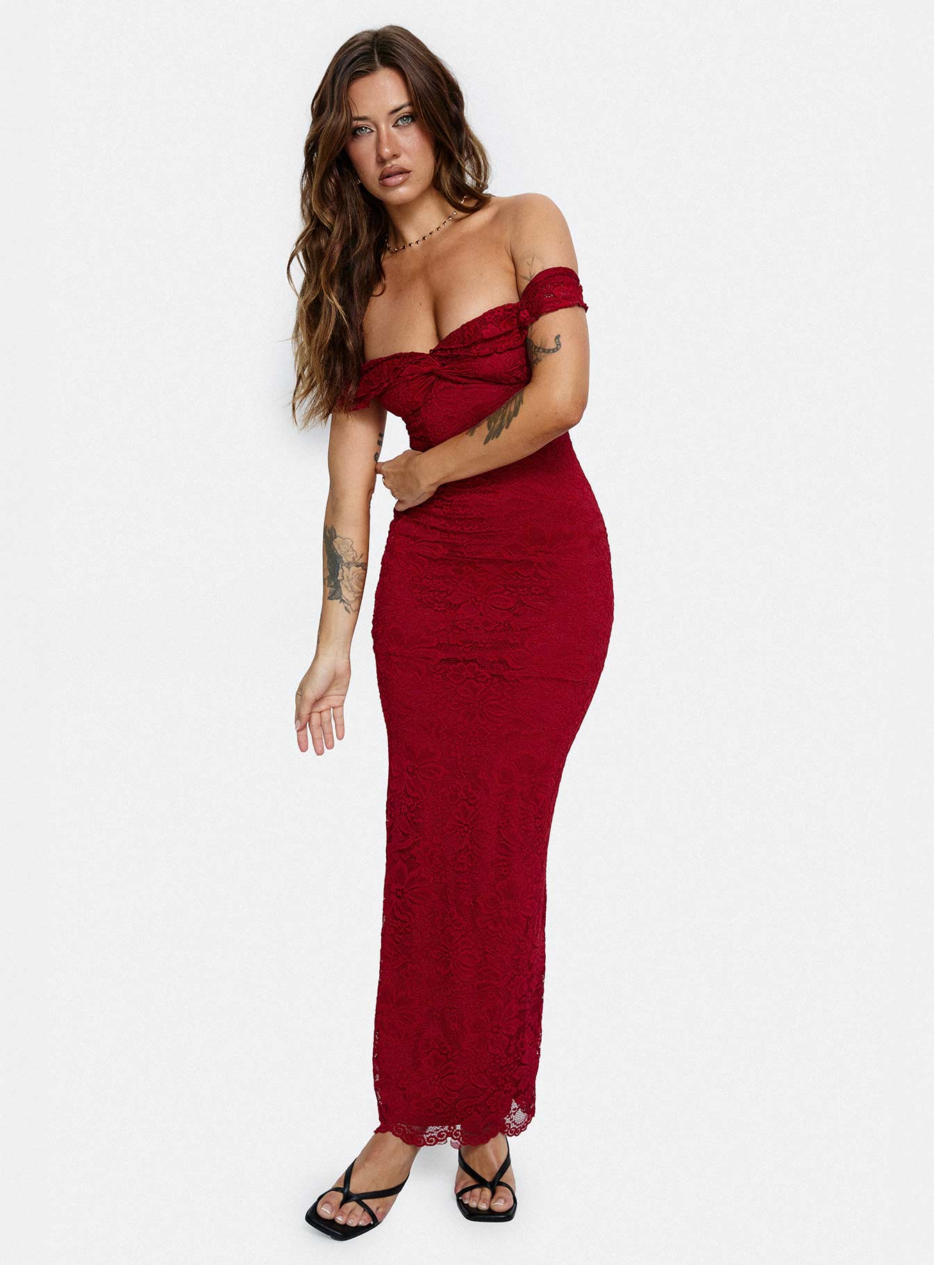 Red Off Shoulder Lace Prom Dress with Mermaid Silhouette for Formal Events and Prom Nights
