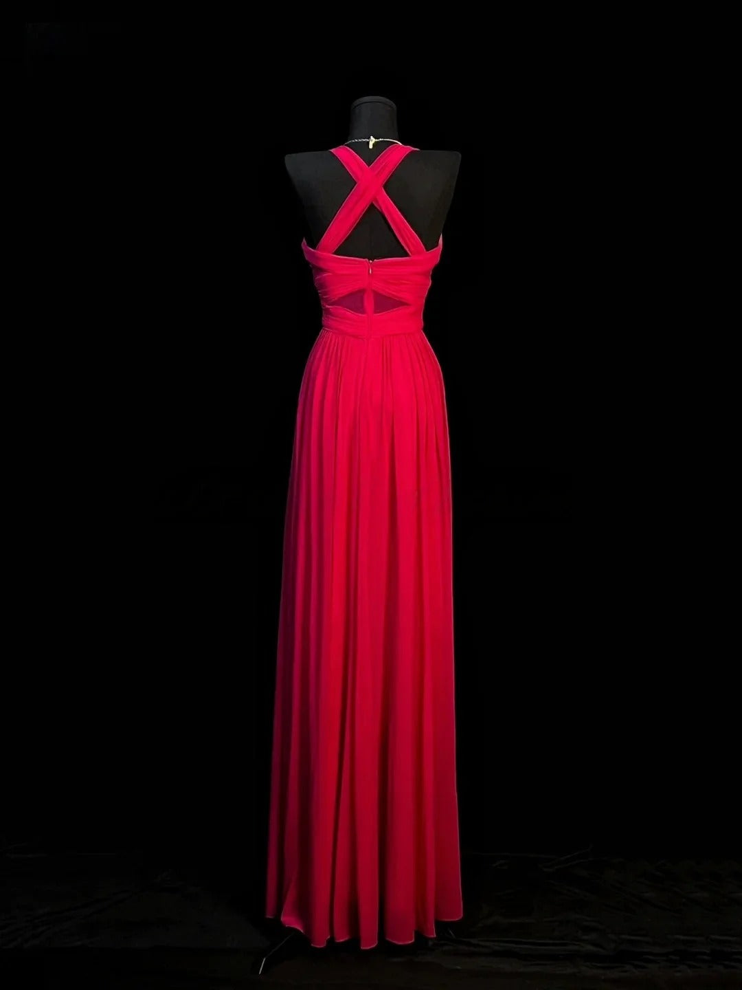 Red Spaghetti Strap Prom Dress With Crisscross Back And Mesh Waist Detail Chiffon Formal Prom Dress