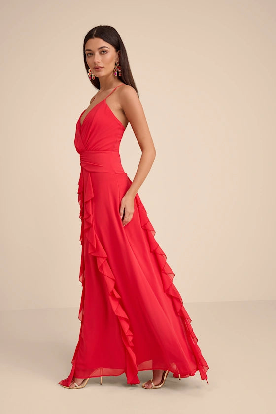 Red Spaghetti Strap Prom Dress With Surplice V Neck Cross Back And Tiered Ruffle Chiffon Formal Prom Dress