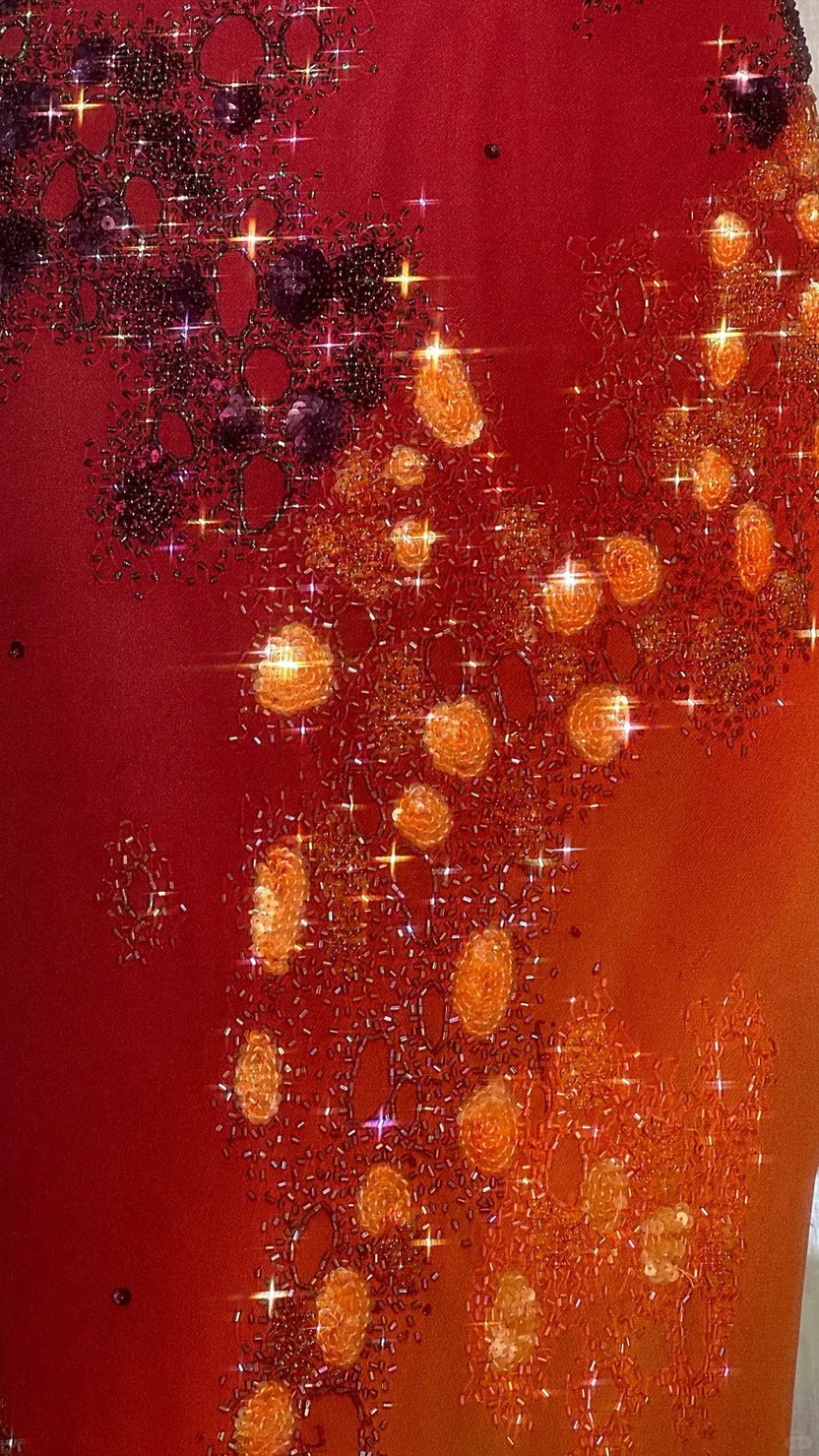 Red To Orange Ombre Spaghetti Strap Prom Dress With Crystal Beaded Floral Design And Mermaid Silhouette Formal Prom Dress
