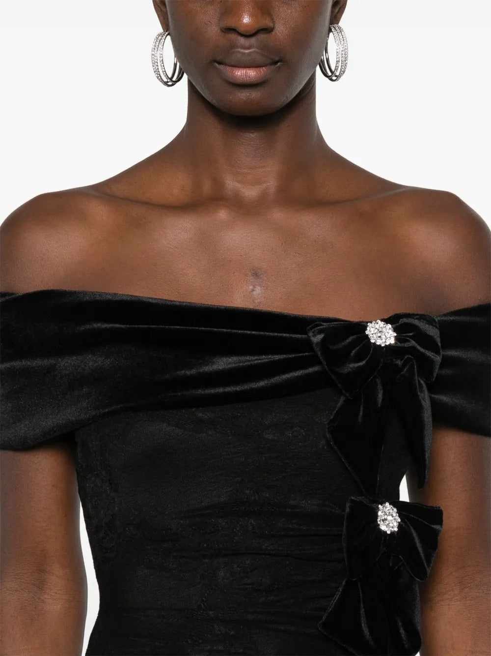 Romantic Black Lace & Velvet Off-the-Shoulder Bow-Embellished Evening Dress