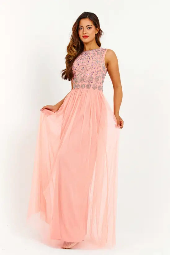 Romantic Blush Pink Embellished Bodice Tulle A-Line Gown with Open Back, Prom Dress