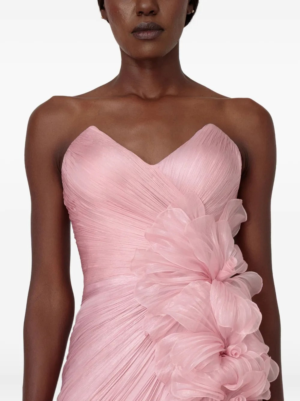 Romantic Blush Pink Pleated Chiffon 3D Floral Strapless Evening Dress