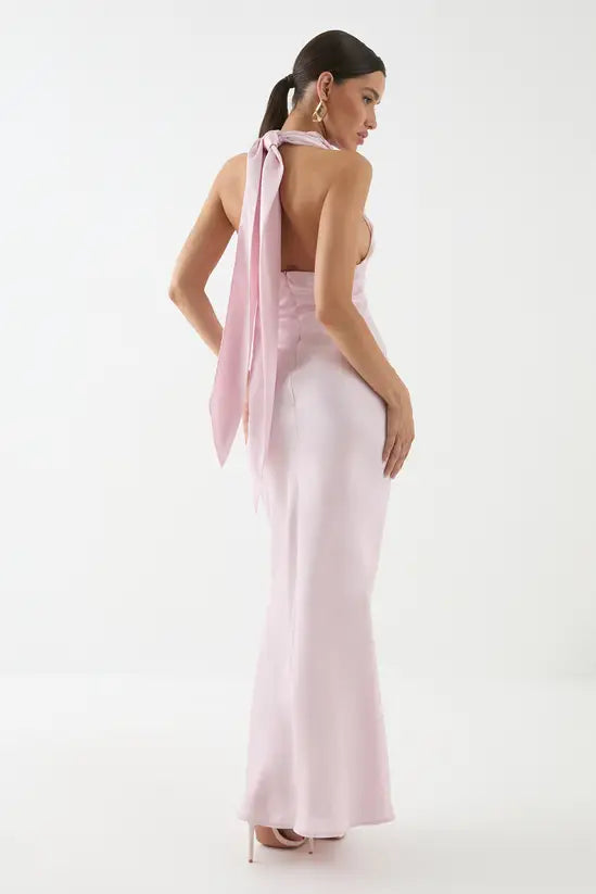 Romantic Blush Pink Satin Halter Neck Maxi Dress with Cowl Neck and Back Tie Detail, Prom Dress