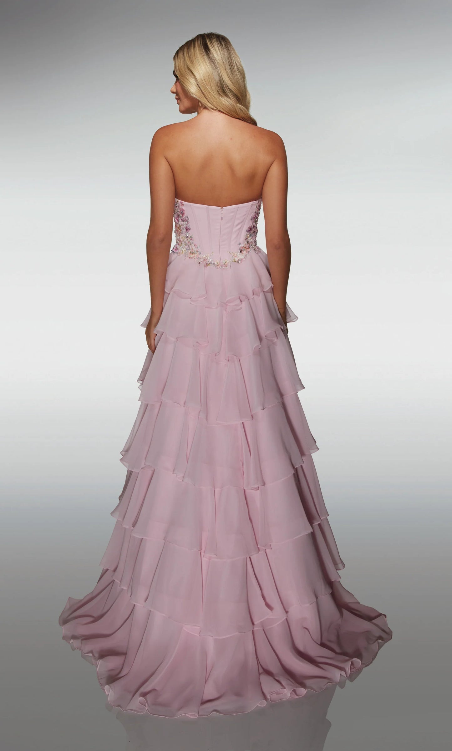 Romantic Blush Pink Strapless A-Line Gown with Floral Embellishments and Tiered Chiffon Skirt: Prom Dress
