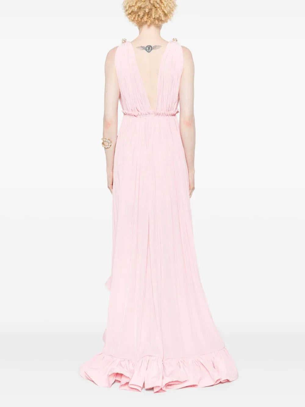 Romantic Blush Pink V-Neck Ruffled-Hem Maxi Dress