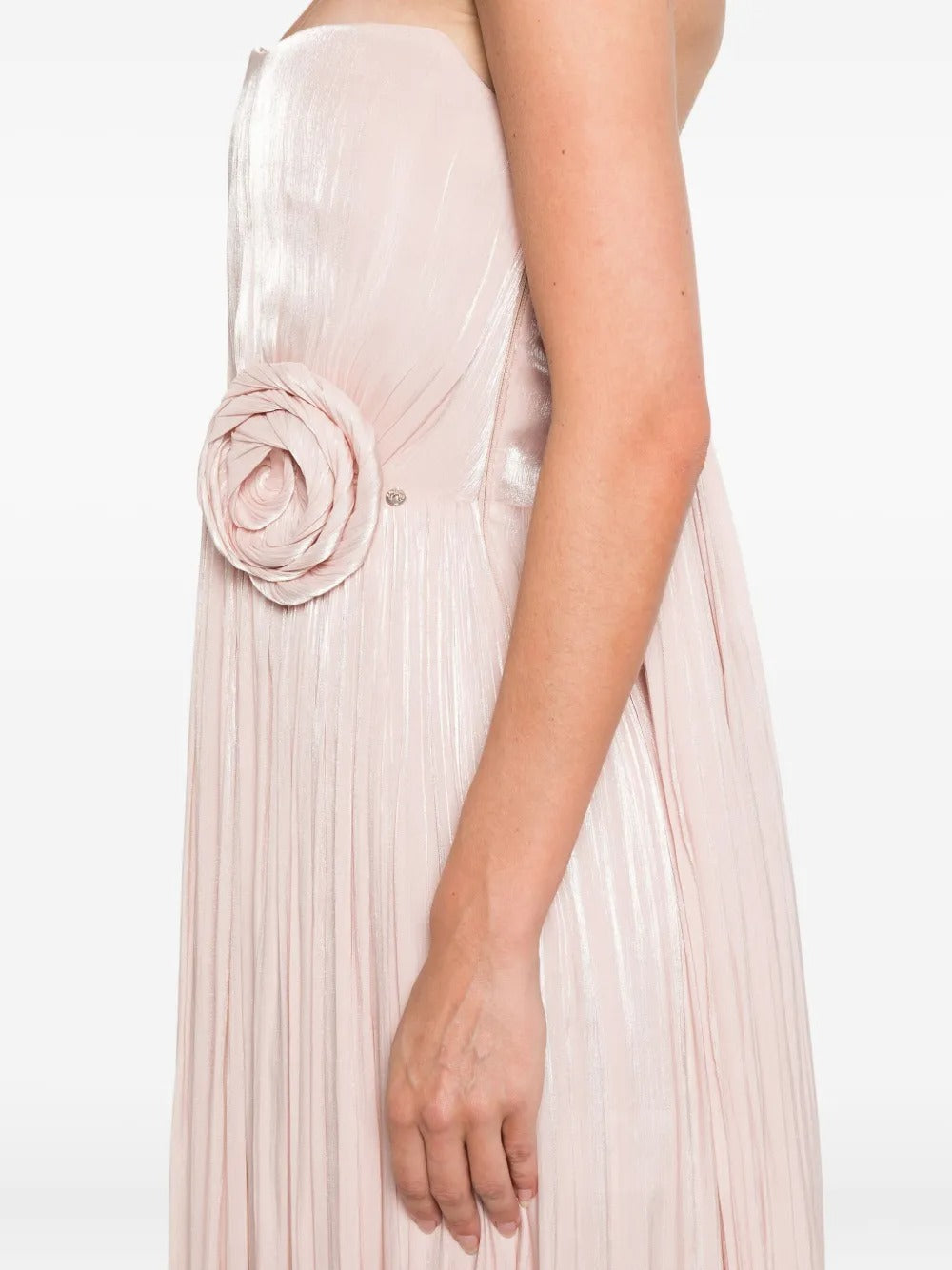 Romantic Blush Pleated Metallic Strapless 3D Floral Evening Dress