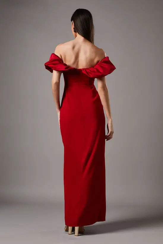 Romantic Ruby Red Off-the-Shoulder Maxi Dress with Ruffle Detail and High Side Slit, Prom Dress