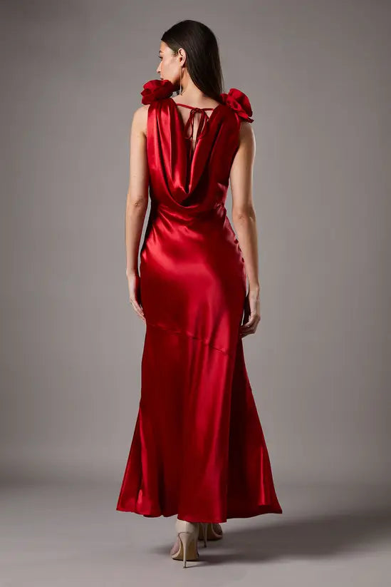 Romantic Ruby Red Satin V-Neck Maxi Dress with 3D Floral Shoulder Detail and Cowl Back, Prom Dress